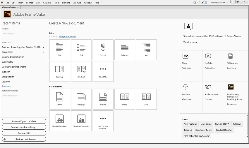 Características de Adobe FrameMaker 2019